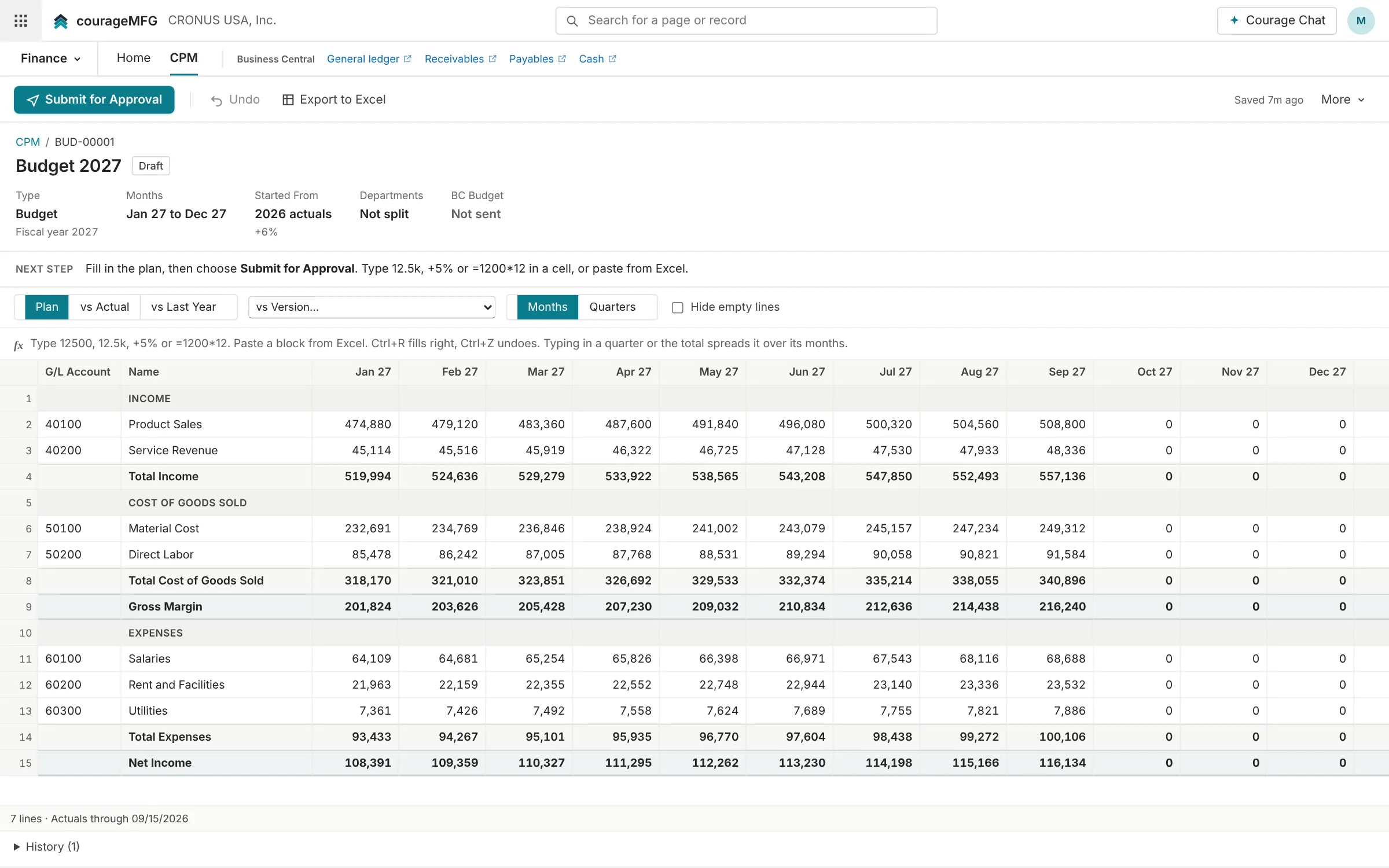 Budget 2027 by G/L account and month