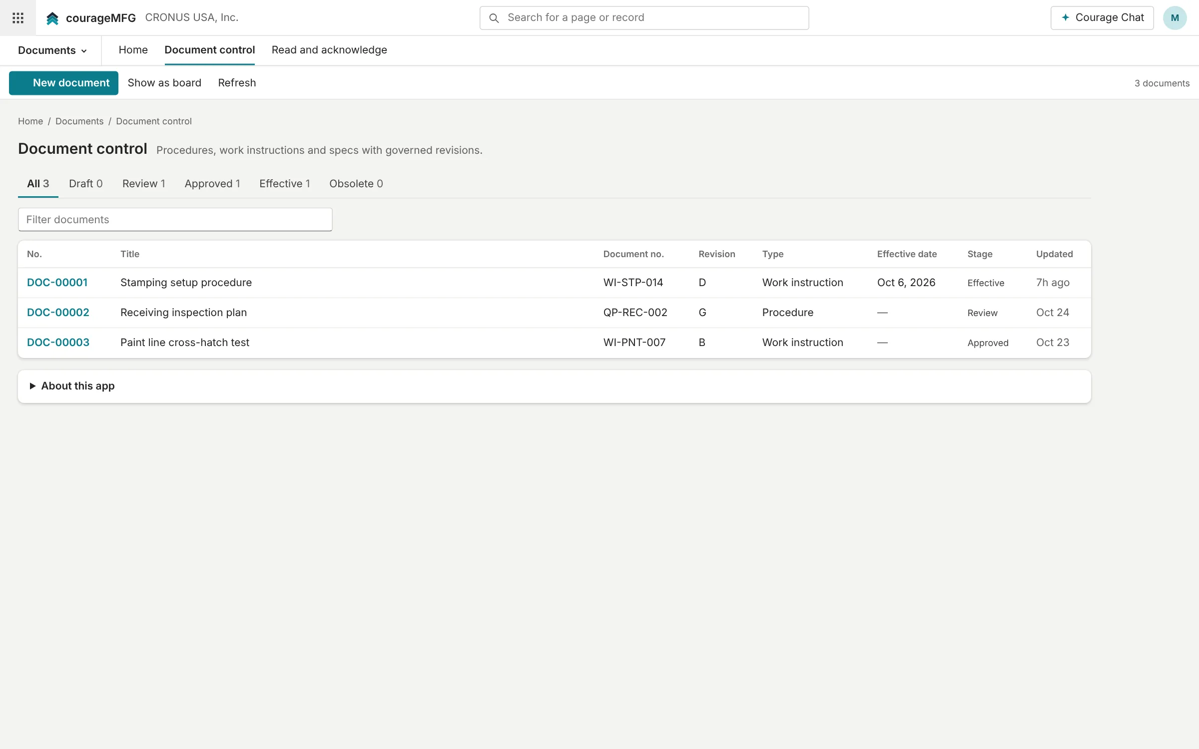 Document control with revisions and approvals