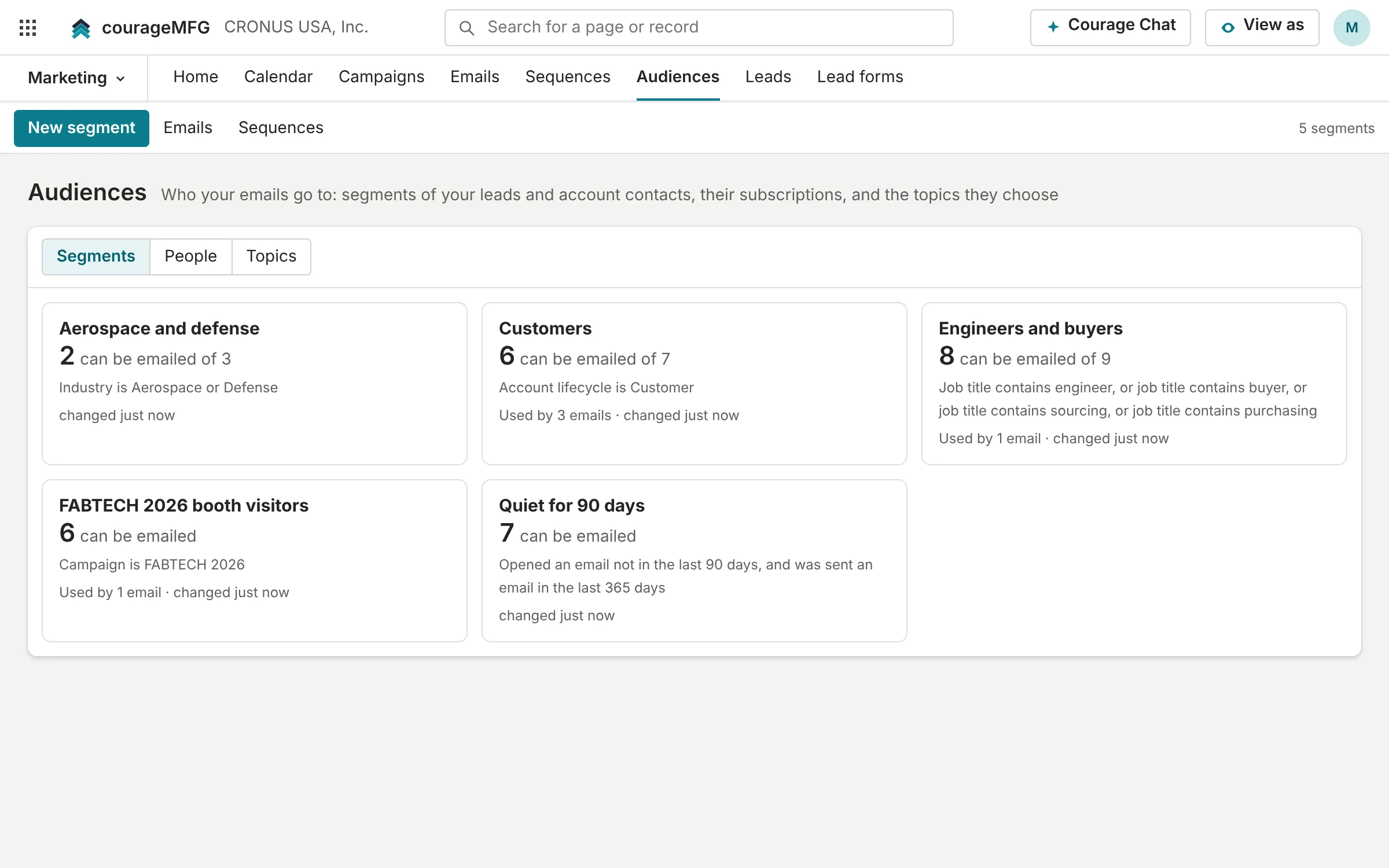 Segments of leads and contacts, with how many people in each can be emailed