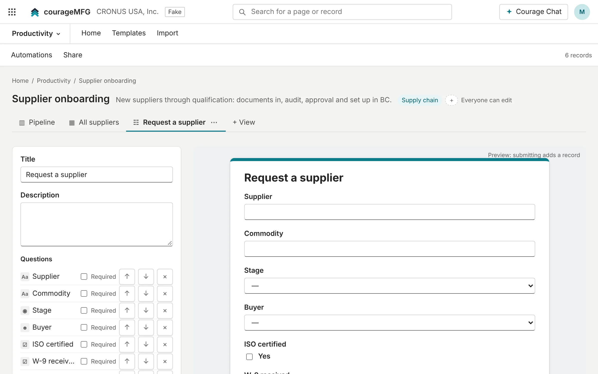 A form built from a table's fields, with a live preview