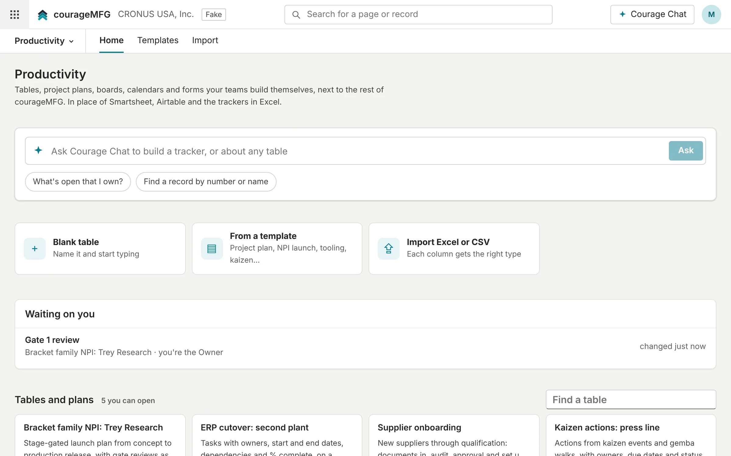 The Productivity home: ask Courage Chat, start from a template or import, and what's waiting on you