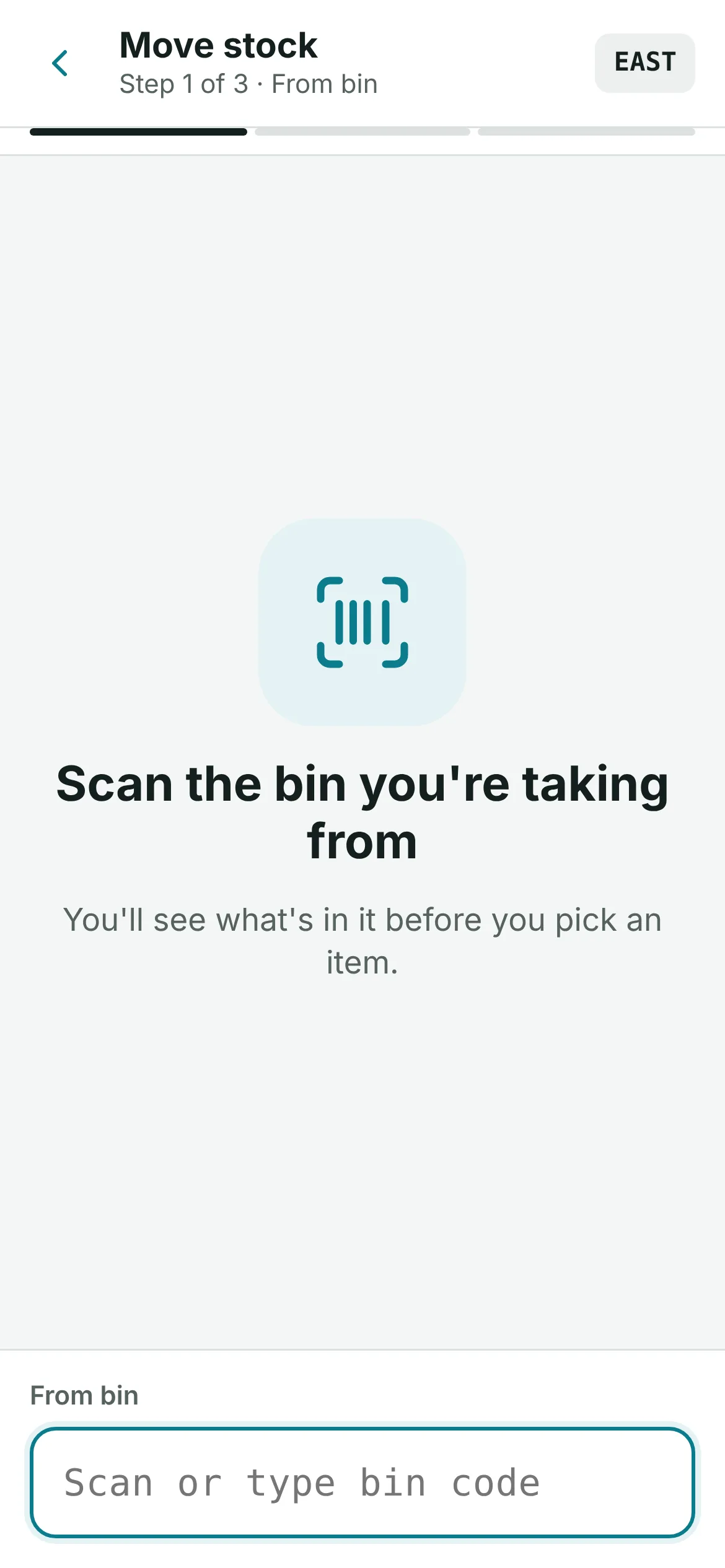 Moving stock between bins on a handheld